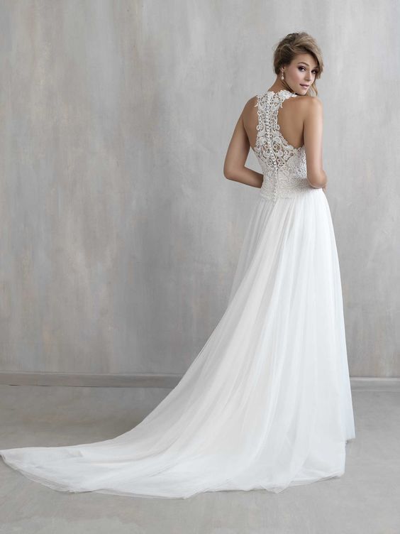 romantic wedding dress with a small train and a lace racerback