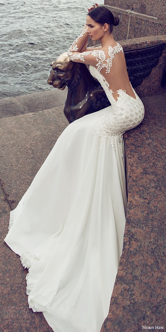 verziert Meerjungfrau Hochzeitskleid mit illusion ärmel und eine illusion Rückseite für einen sexy look