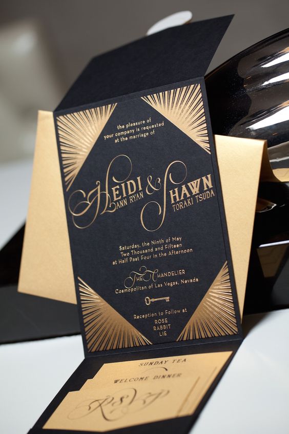 schwarz und gold-Folie-Hochzeits-Briefpapier mit Kalligraphie und Balken