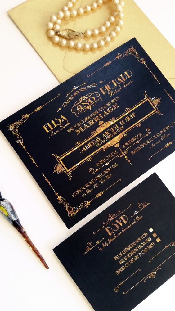 wunderschöne schwarze und Goldfolie Hochzeitseinladungen mit coolen art-deco-Drucke