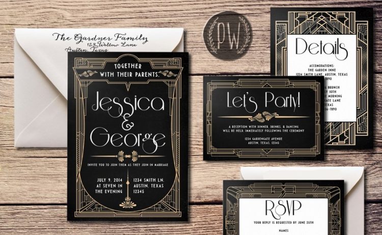 schwarz, Kupfer und weiß letterprint Hochzeit Einladungen sehen auch sehr elegant aus