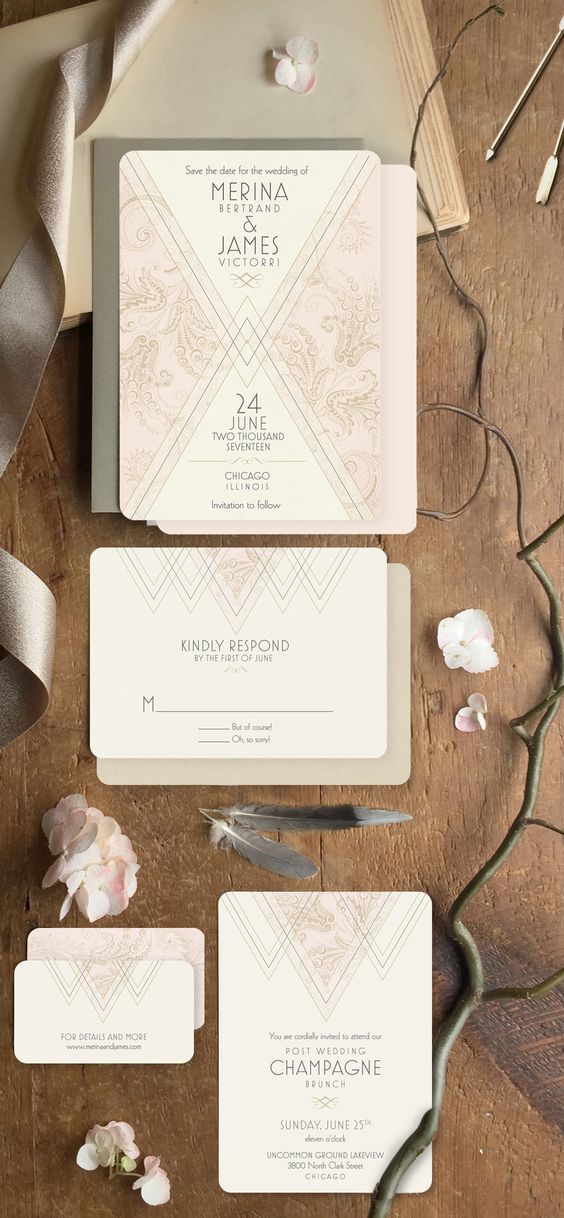 art-deco Hochzeit Briefpapier mit kundenspezifischen Formulierungen und dezentem Farb-Akzent