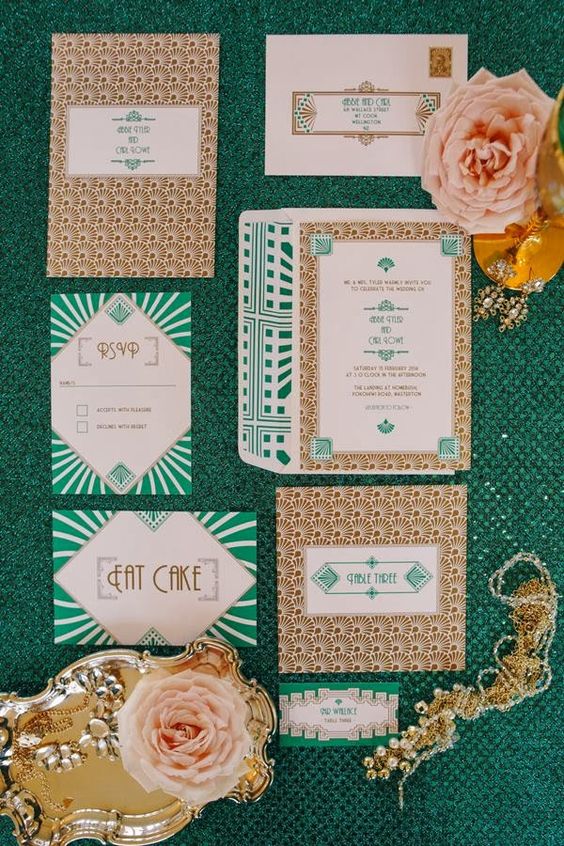 Smaragd-und gold-Folien-Hochzeits-Einladungen mit verschiedenen 20s Kunstdrucke