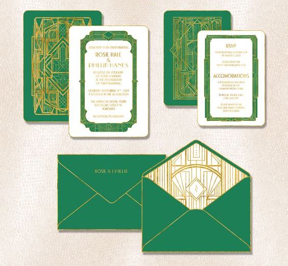 Smaragd-und gold-Hochzeit Einladungen mit verschiedenen 20er Jahre inspirierte Kunstdrucke