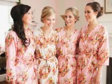 matching pink floral robes are what you need to wear altogether at a spa bridal shower