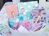 cute spa bridal shower favors with lip balms, notebooks, everything for pedicure and manicure