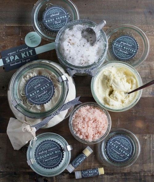 bath salts, scrubs and lotions in matching jars are nice ones for a spa bridal shower
