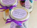 spa bridal shower favors – jars for pedicure, with nail polishes, cuticle oils and much other necessary stuff