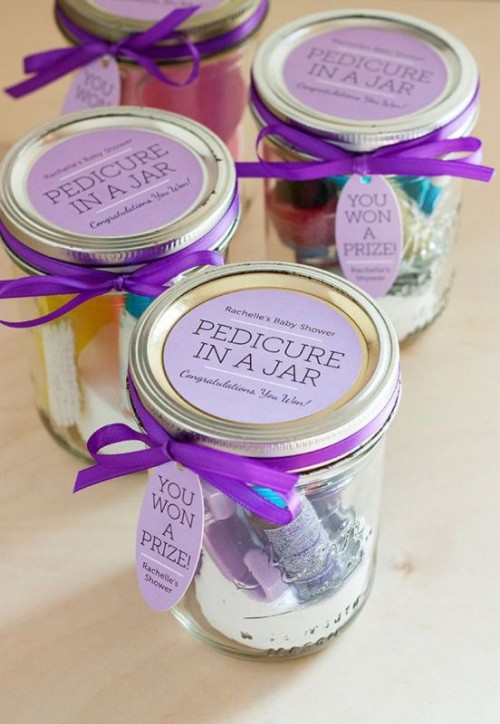 spa bridal shower favors - jars for pedicure, with nail polishes, cuticle oils and much other necessary stuff