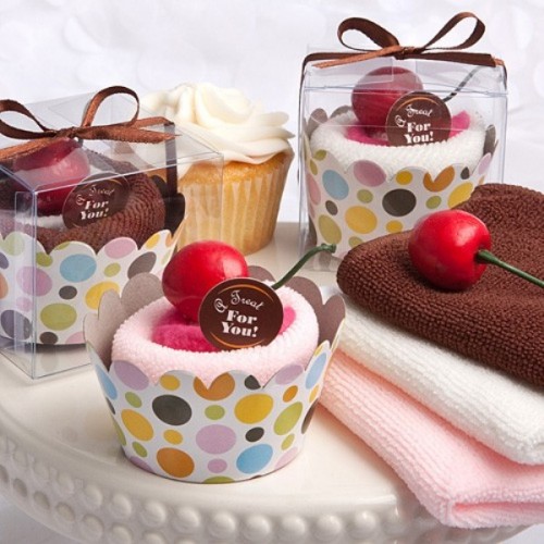 fun spa bridal shower gifts - cupcakes made of towels and topped with cherries look super cute