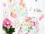 a white Bride t-shirt, handmade soaps, pink roses, floral pyjamas are a fun and cool idea for a bride