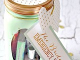 a bride emergency kit – a painted mason jar with a cute lid, with lipsticks, nail polish and some other small stuff to use