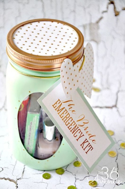 a bride emergency kit - a painted mason jar with a cute lid, with lipsticks, nail polish and some other small stuff to use