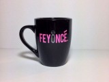 a black and pink fun Feyonce mug for drinking coffee and getting prepared for the wedding