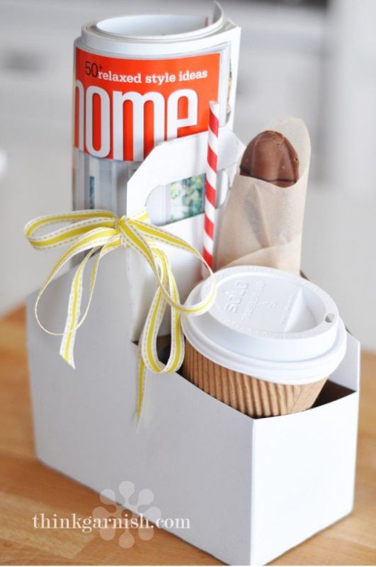 A delicious morning gift of a box with coffee, a chocolate churro, her favorite magazine for a great breakfast