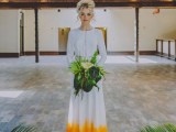 a boho dip dye wedding dress in white and yellow and with lace inserts for a statement-like boho look