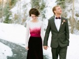 a dip dye wedding dress with a lace white and pink top and a burgundy velvet skirt is a bold idea for a Valentine’s Day wedding
