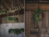 fir chandeliers and a vine wreath with fern are ideal to decorate your boho winter wedding