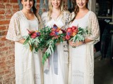 white crochet boho bridesmaid dresses plus lace coverups and bright blooms are perfect for a boho winter wedding