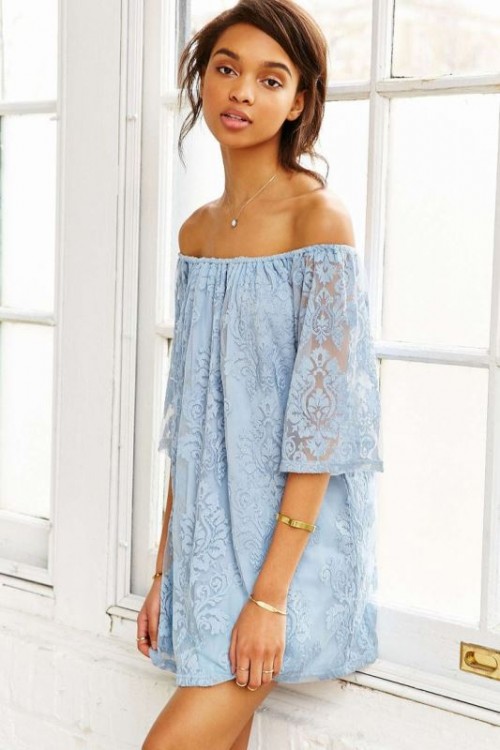 a powder blue off the shoulder mini dress with long sleeves is a pretty and romantic option