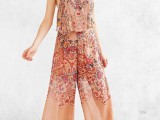 a boho print jumpsuit with spaghetti straps and white platform shoes for a summer bridal shower