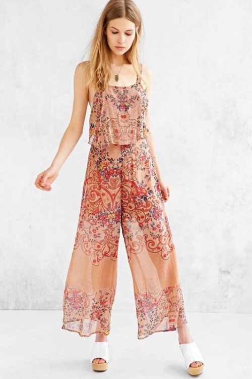 a boho print jumpsuit with spaghetti straps and white platform shoes for a summer bridal shower