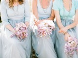 mismatching mint blue and green tops and baby blue maxi skirts for a beautiful ocean-inspired wedding