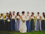 white tank tops and mismatching blue maxi skirts for a laid-back countryside wedding