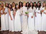 dreamy bridesmaids looks done with mismatching white sleeveless lace crop tops and matching pleated white skirts with trains for a trendy all-white bridesmaid look