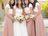 white t-shirts and dusty pink maxi skirts are fun and cool for a relaxed tropical wedding and are a great combo