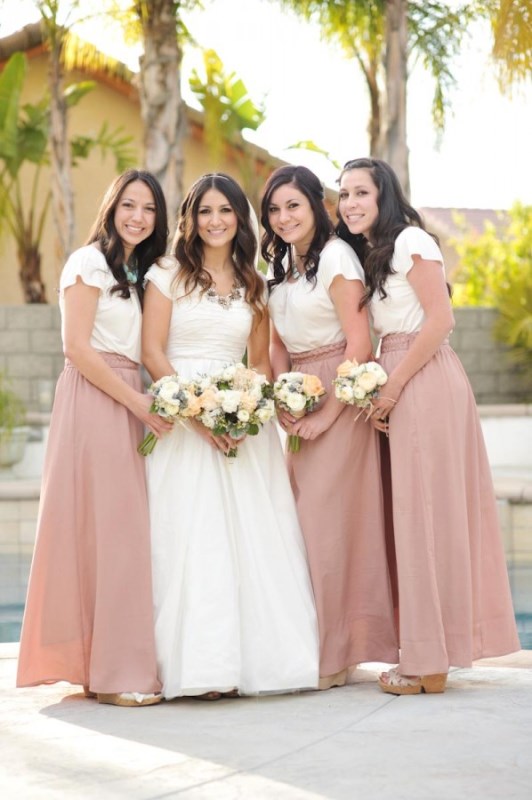 White t shirts and dusty pink maxi skirts are fun and cool for a relaxed tropical wedding and are a great combo