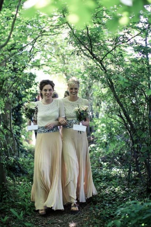 white tops with delicate spot detailing and blush pleated maxi skirts plus sandals for a spring or summer boho wedding