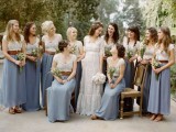 mismatching white plain and lace tops and blue maxi and midi skirts plus brown belts and brown shoes for a rustic spring or summer bridal party look