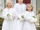 white midi and maxi dresses, white faux fur coverups, white shoes for winter-inspired flower girl looks