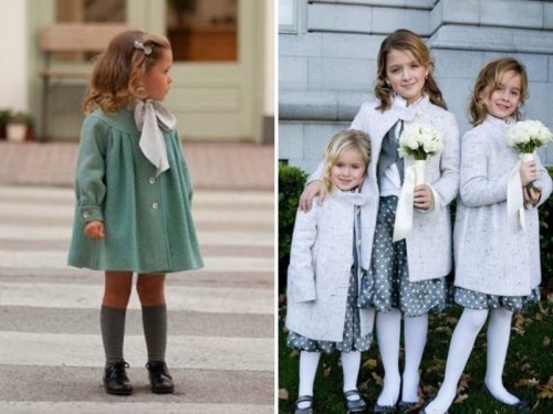 grey polka dot midi dresses paired with white coats, black shoes and white bouquets, you may also offer a green coat dress, stockings and shoes
