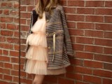 a short blush tulle ruffle dress, a plaid coat and blush flats for a cute fall or winter flower girl look