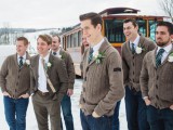blue jeans, white shirts, printed ties and brown cardigans are lovely for a relaxed rustic or casual look at the wedding