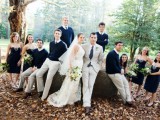 dove grey pants, white shirts, black ties and navy jumpers for a bold and contrasting look at a fall wedding