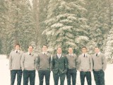 grey pants, white shirts, dove grey jumpers and burgundy ties for a cozy feel at a winter wedding