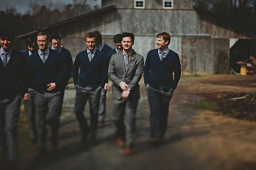 grey pants, blue shirts, grey ties, navy cardigans for a casual and chic look at a rustic wedding