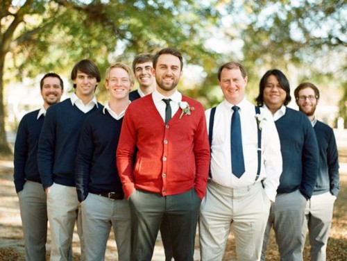 dove grey pants, white shirts, navy jumpers for the groomsmen and a red cardigan for the groom will match a fall wedding