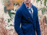 navy pants, a printed shirt, a navy chunky cardigan for a relaxed and bright wedding look