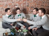 grey pants, white shirts, green bow ties and grey jumpers for elegant and casual looks at the wedding