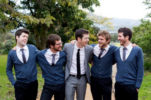 dark pants, white shirts, grey and black ties and navy cardigans for casual and relaxed looks at the wedding