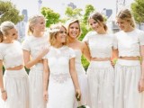 white bridal outfits with maxi pleated skirts and lace crop tops with short sleeves plus a high neckline look very trendy