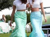 mermaid-style separates with embellished white crop tops and blue and green polka dot tail-like maxi skirts