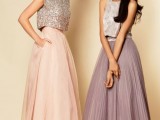 mismatching bridesmaid looks – embellished and watercolor crop tops and pastel A-line midi skirts