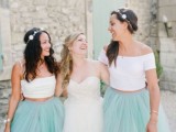 mint tulle maxi skirts paired with mismatching white crop tops look bold and fun and fit spring or summer weddings