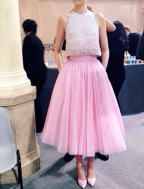 a bright and glam look with an embellished sleeveless crop top, a pink tutu skirt and pink shoes for a glam wedding