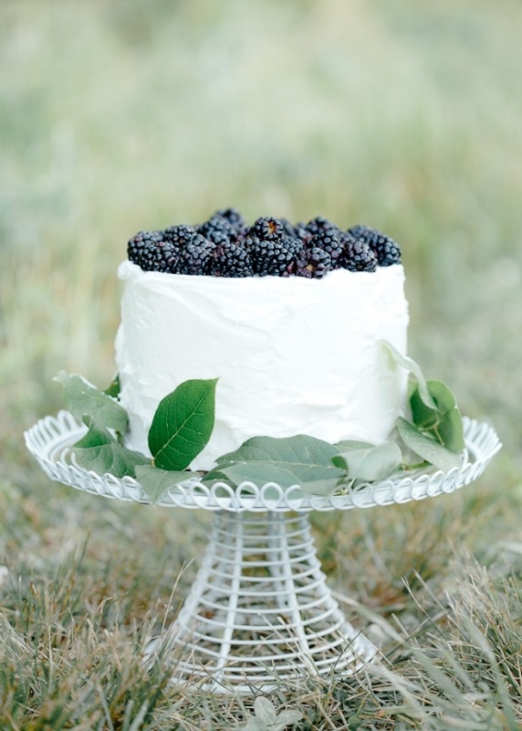 a white textural buttercream wedding cake with greenery and topped with blackberries is a cool idea for a simple fall wedding